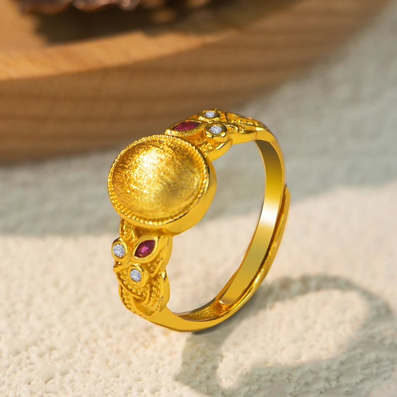 铜合金戒指 镀金古法精美轻奢金色镶嵌锆石戒指女款复古时尚饰品