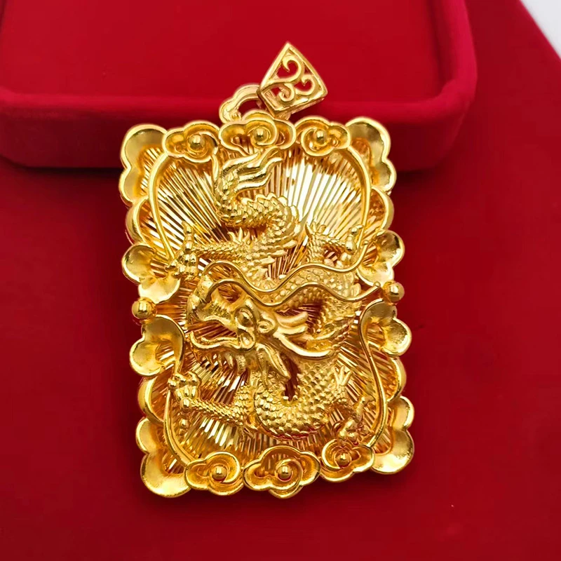 铜合金吊坠 仿金色龙牌吊牌四方浮雕镂空大龙珠福字吊坠精美饰品