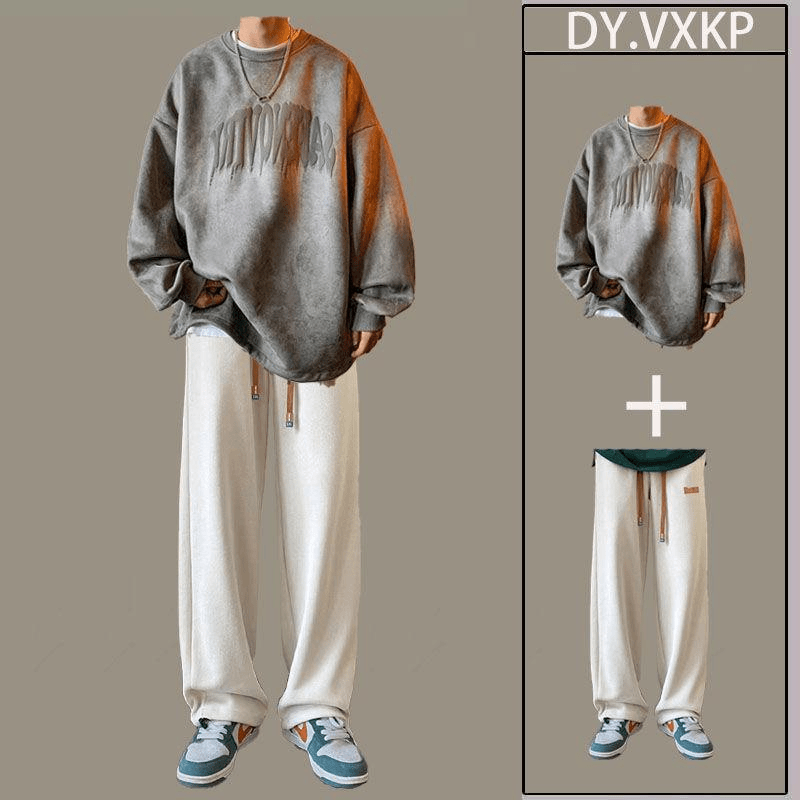 鹿皮绒美式卫衣套装男春秋季潮牌宽松男生一套搭配痞帅男装两件套