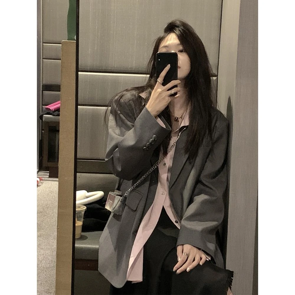 oversize灰色西装外套女高级感2025春秋新款宽松休闲廓形大码西服