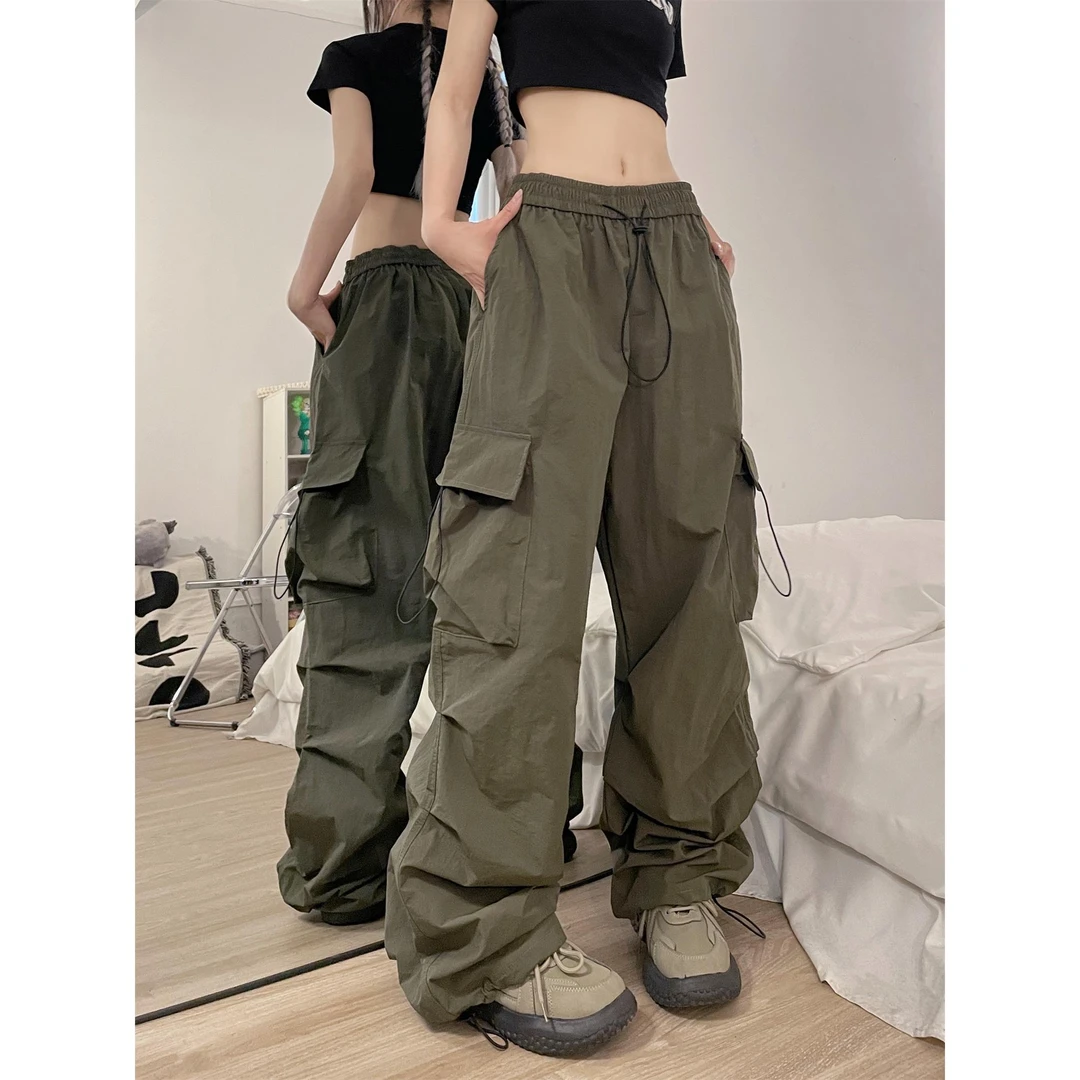 酷拽少女美式复古工装裤辣妹风hiphop嘻哈街舞裤子机能抽绳长裤女