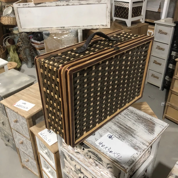 外贸木编手提箱收纳箱（45*30*15）长宽高木片编织表面不光滑