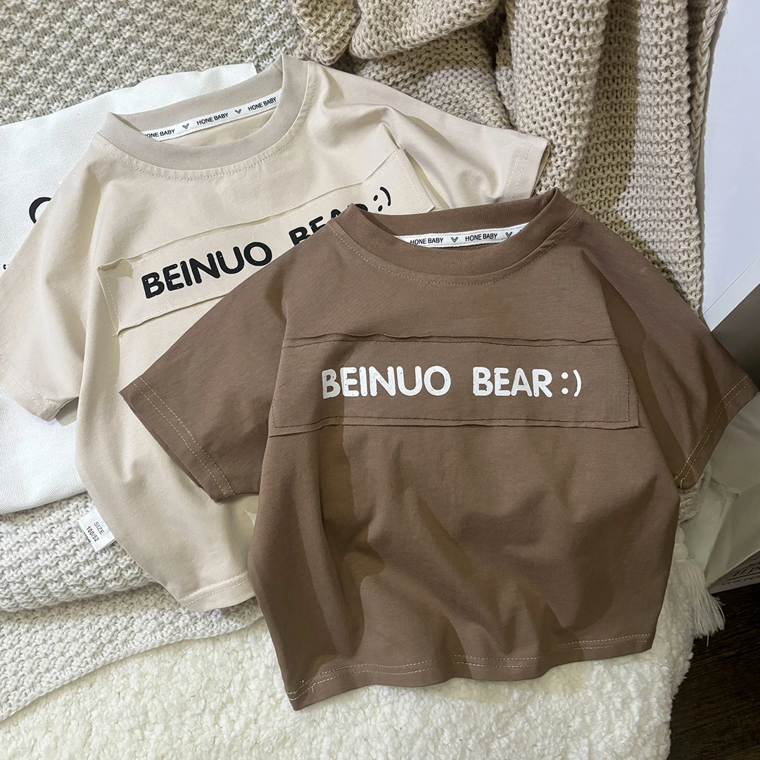 儿童夏季短袖棉T中小童韩版贴布上衣冰瓷棉男女童圆领短袖