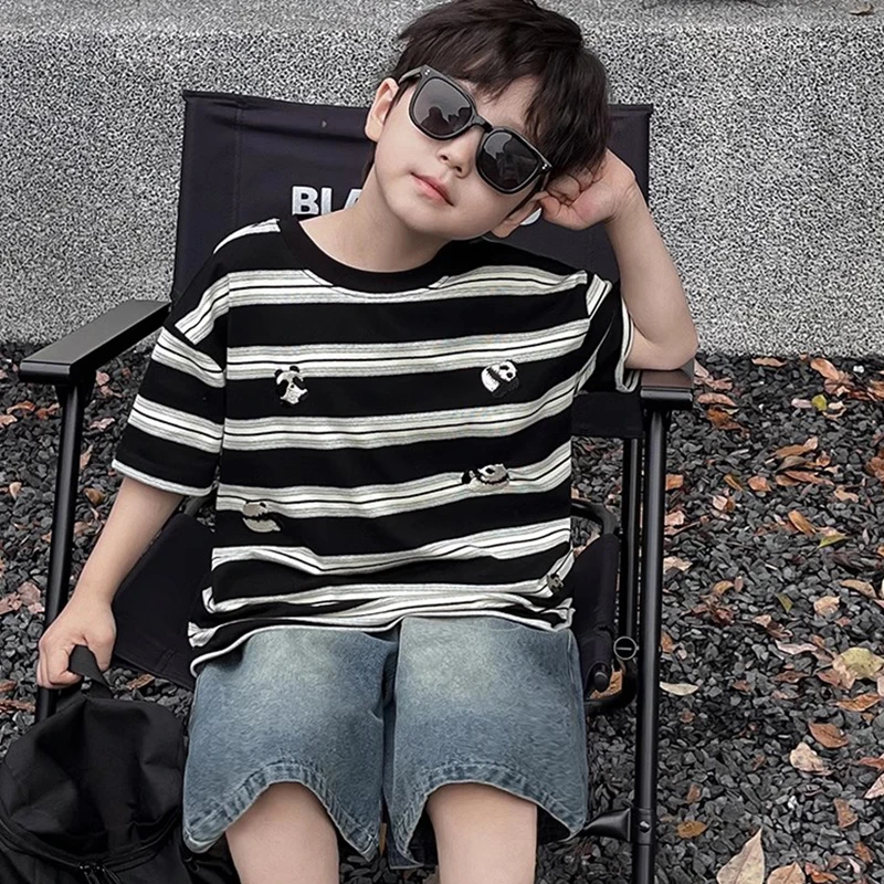 儿童夏季黑白条纹短袖T恤刺绣熊猫洋气上衣男童潮T