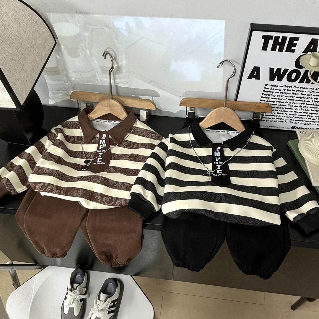 【A类】秋季儿童polo衫套装条纹腰果花韩版俩件套男中小童卫衣套装