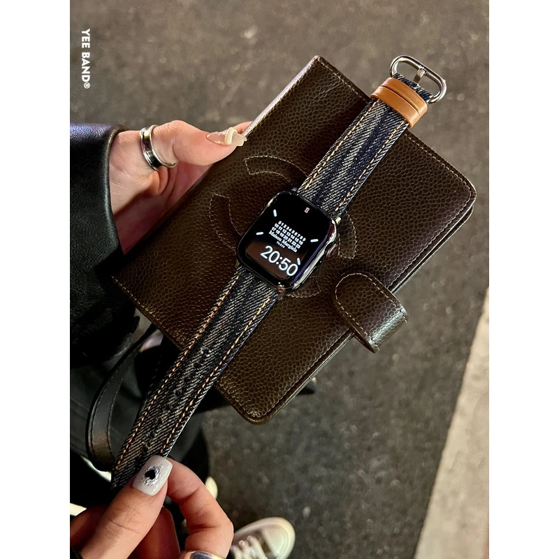 IAMYEE老钱风撞色丹宁复古表带适用applewatch456S9S10S9S8iwatch