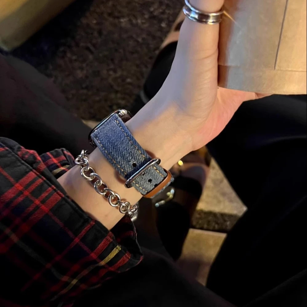 IAMYEE岗山赤耳丹宁表带适用applewatch3456789代SES8S9S10iwatch