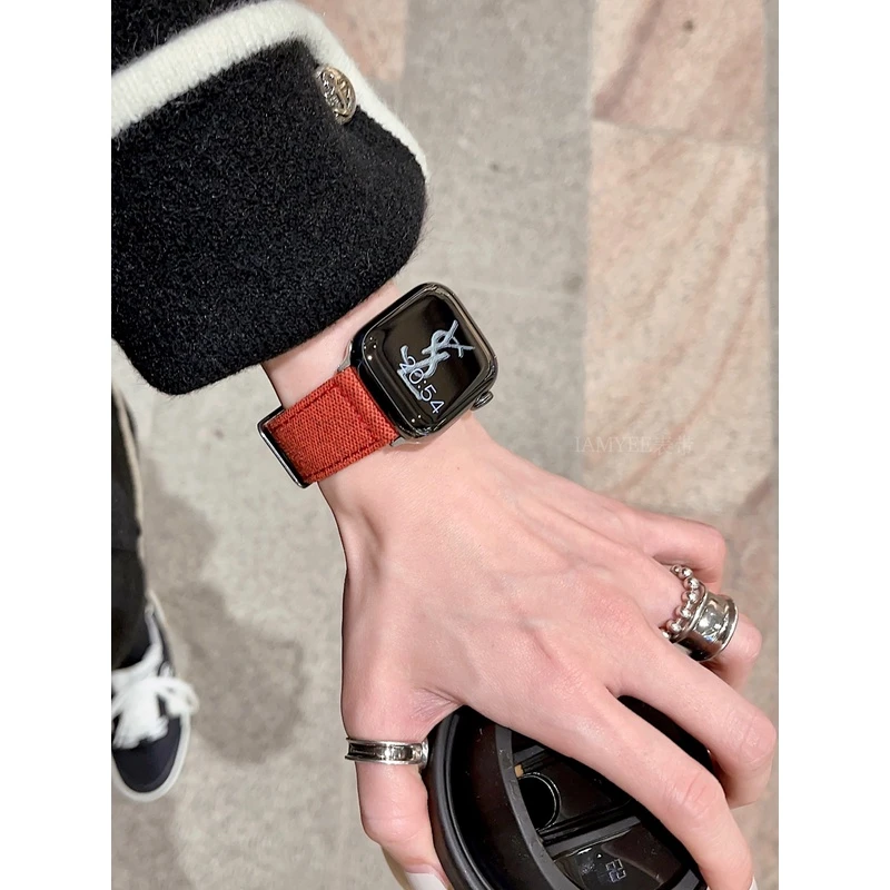 IAMYEE浆果红帆布撞色表带适用于AppleWatch34567代S10S9S8iWatch
