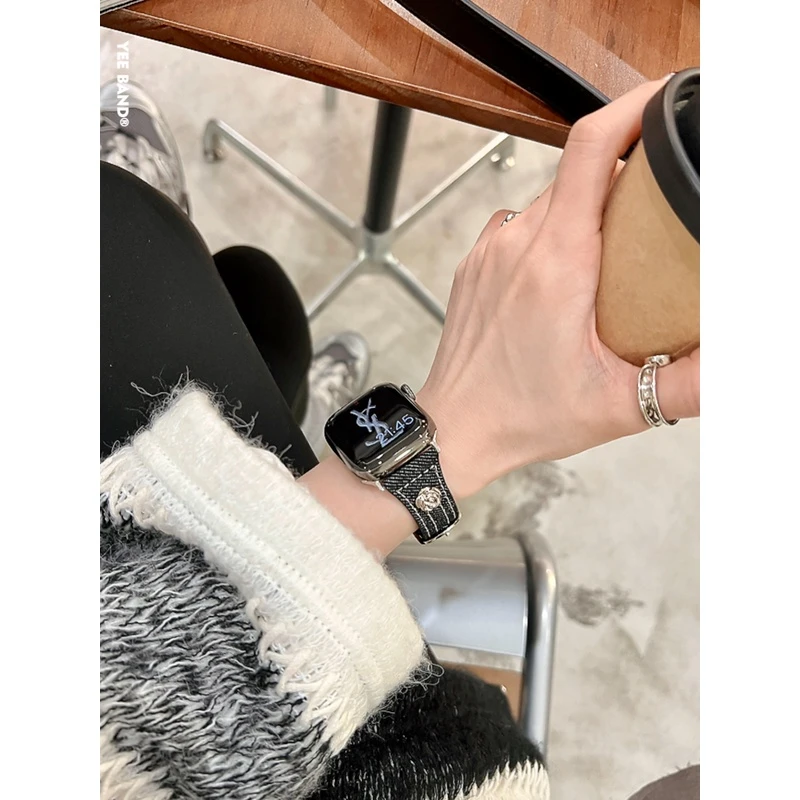 IAMYEE小香风山茶花丹宁表带适用applewatch34567S8S9S10代iwatch