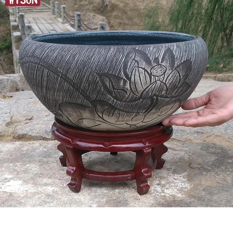 生态陶瓷鱼缸睡莲碗莲盆荷花盆现代手工瓷缸家庭装饰古法养鱼缸