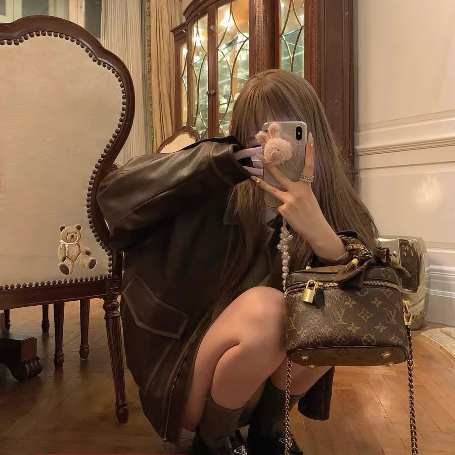 棕色皮衣女2023年秋季新款美拉德风机车美式设计感短款皮夹克外套