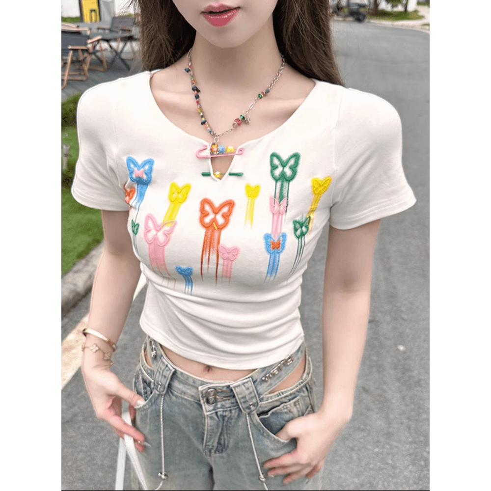 小众褶皱收腰T恤夏季辣妹圆领韩版彩色多巴胺发泡蝴蝶纯棉上衣