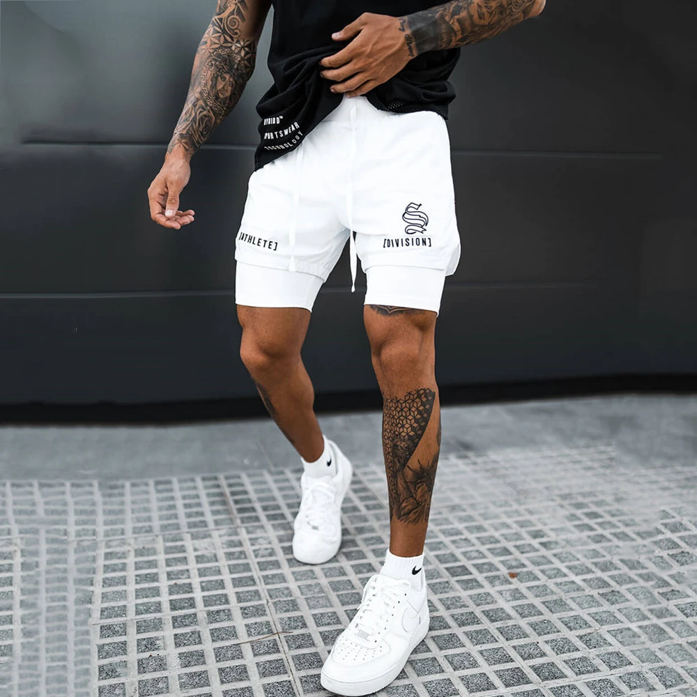 美式双层短裤男速干高弹不过膝篮球裤兄弟透气健身防走光短裤潮牌