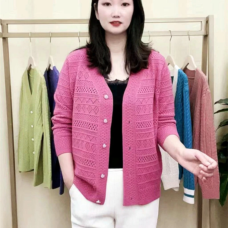 【韩依然】韩版新款菱形镂空开衫女外套女长袖外搭毛衣