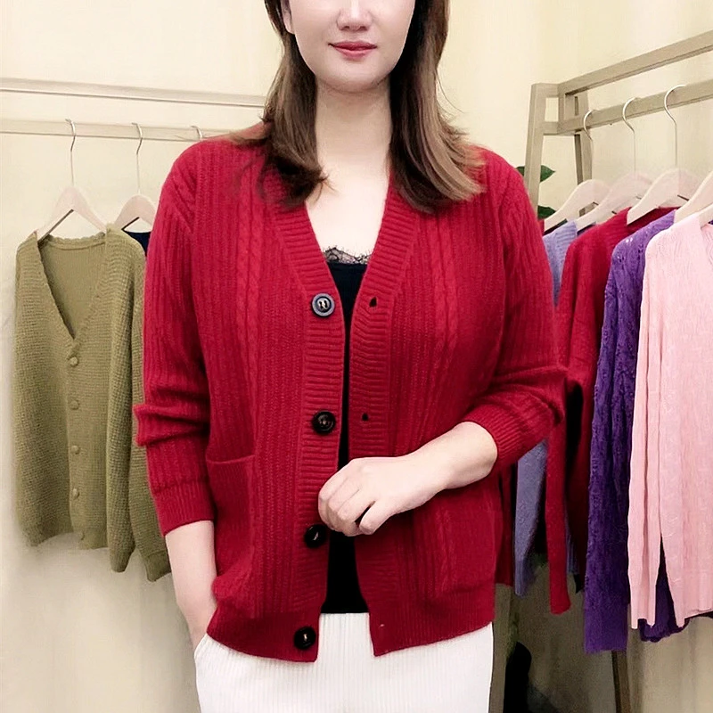 2023秋冬女装韩版显瘦外搭毛衣宽松大码纯色针织开衫上衣长袖毛衣