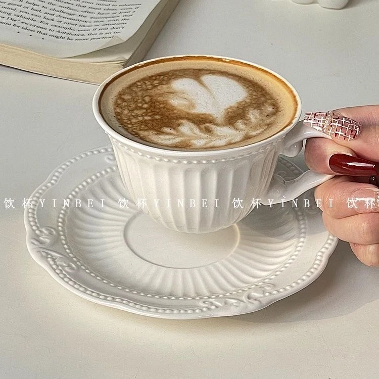 ins法式宫廷浮雕咖啡杯碟套装简约陶瓷蕾丝花边早餐牛奶杯带勺子