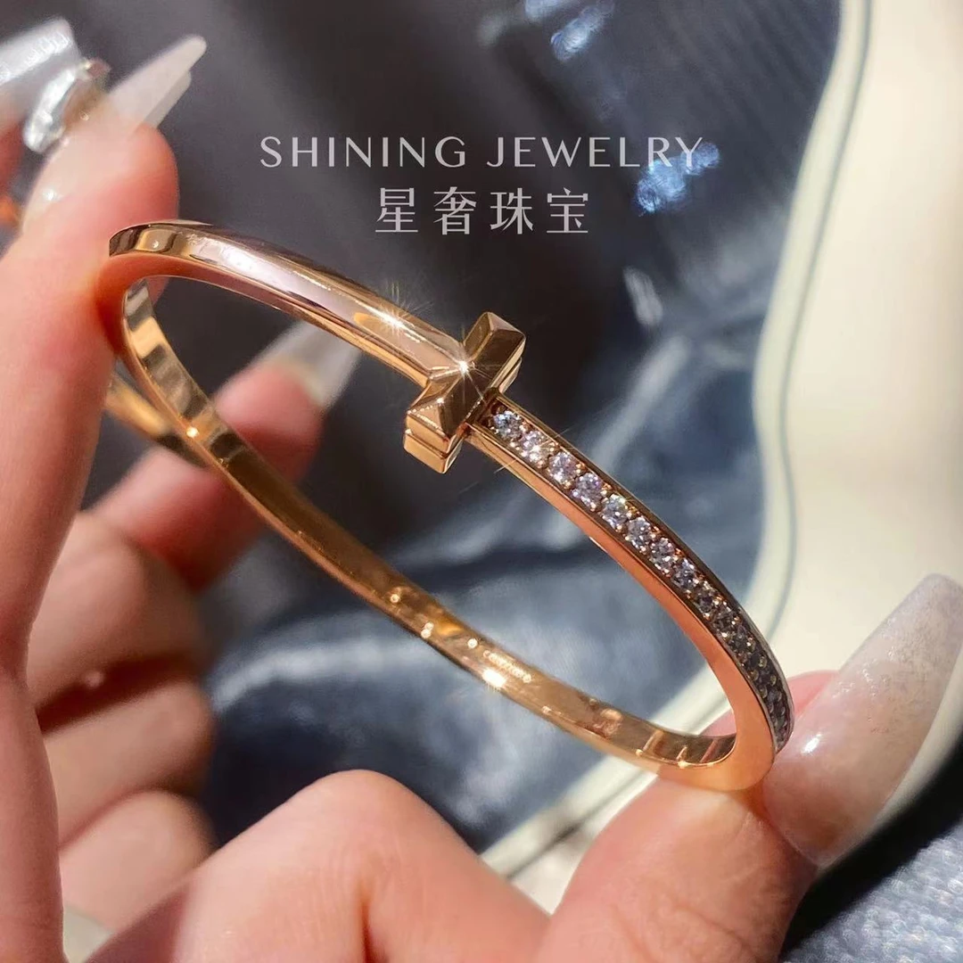 【星奢珠宝】18k半钻石T字手镯（少量库存）