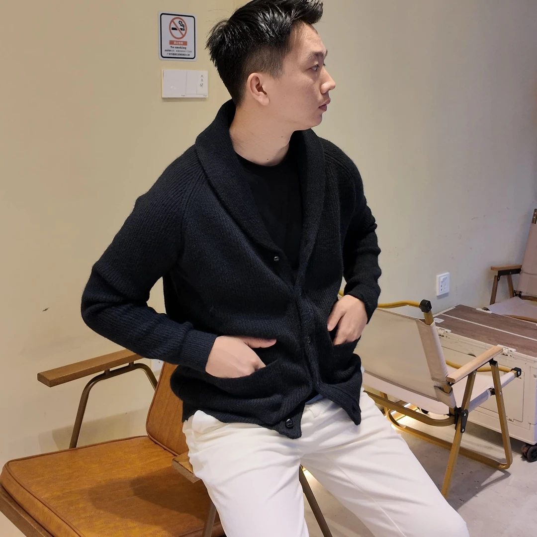 M82重磅商务正装绅装针织外套男士青果领单排扣毛衣保暖秋冬