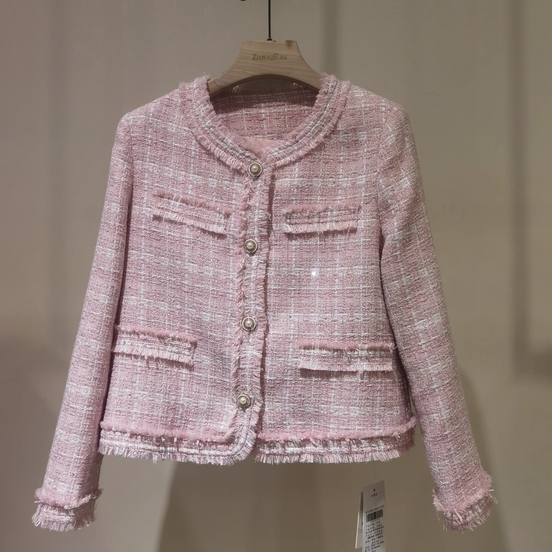 水裳云粉色小香风外套短款长袖百搭气质时尚春季浅色粗花呢粗花呢