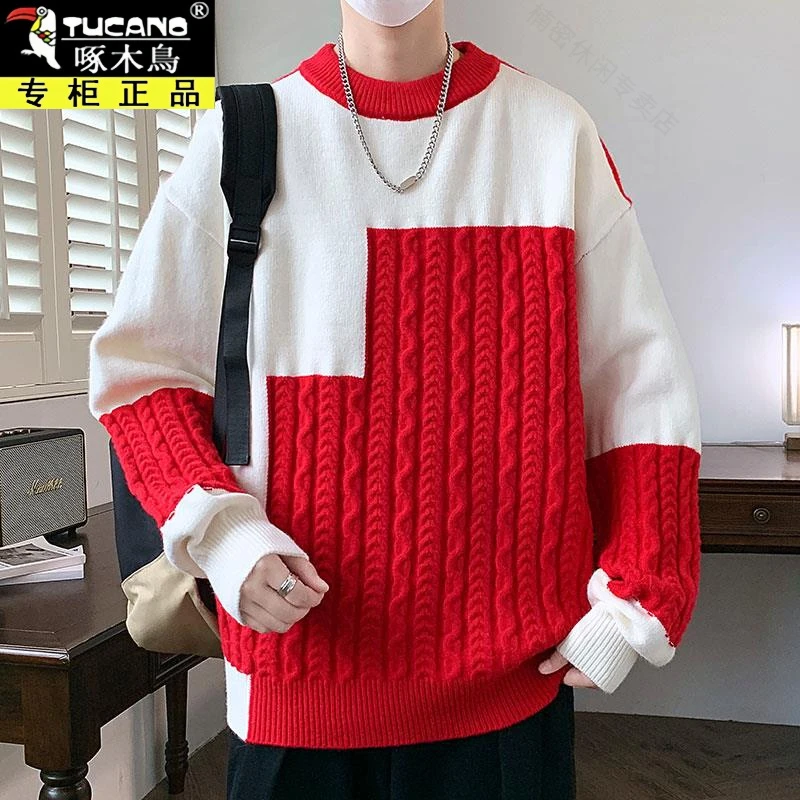 TUCANO啄木鸟圆领毛衣男秋冬季2024新款撞色拼接针织衫青少年设计