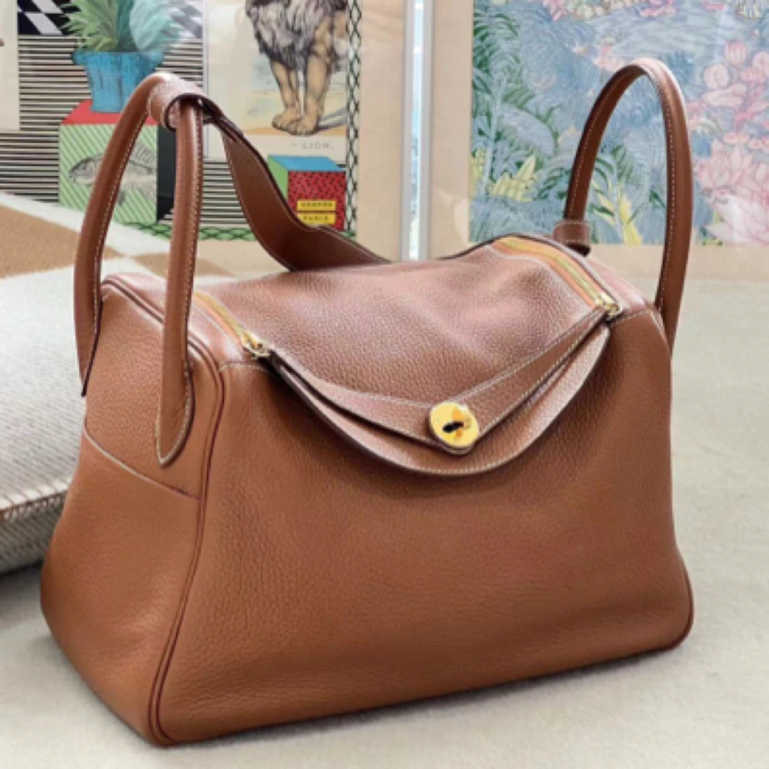 99新 Hermes/爱马仕  lindy30 金棕金扣 d刻 tc皮 单肩包