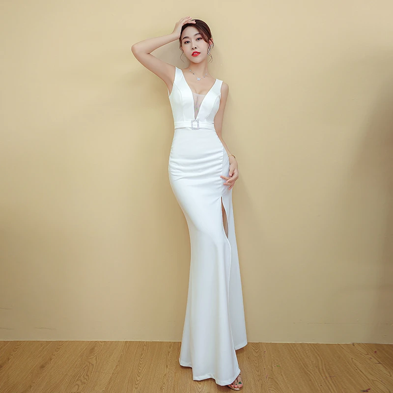 夜总店女装性感连衣裙包臀修身显瘦无袖气质桑拿技师服白色长款