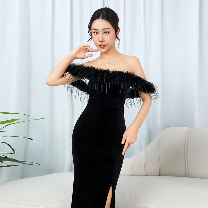 性感丝绒晚礼服包臀长款小众高端名媛聚会毛毛一字肩鱼尾连衣裙女