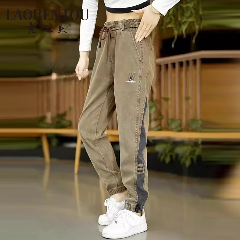 老人头2024年夏薄款男士休闲裤韩版百搭拼色束脚男裤潮流时尚刺绣