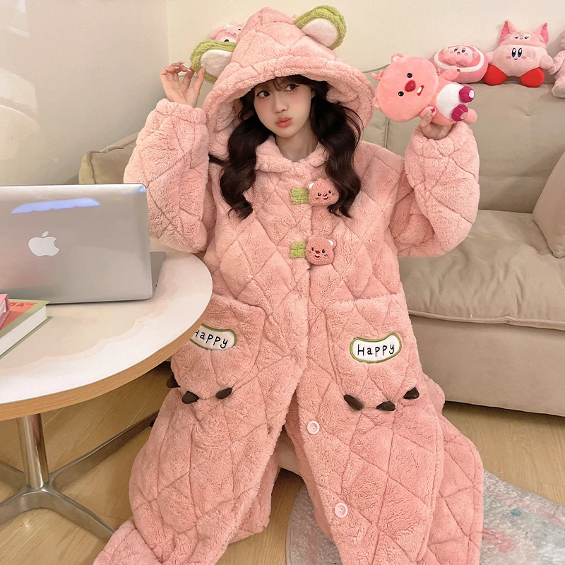 三层夹棉保暖睡袍冬天冬款加绒新款可外穿女士加厚家居服连帽睡袍