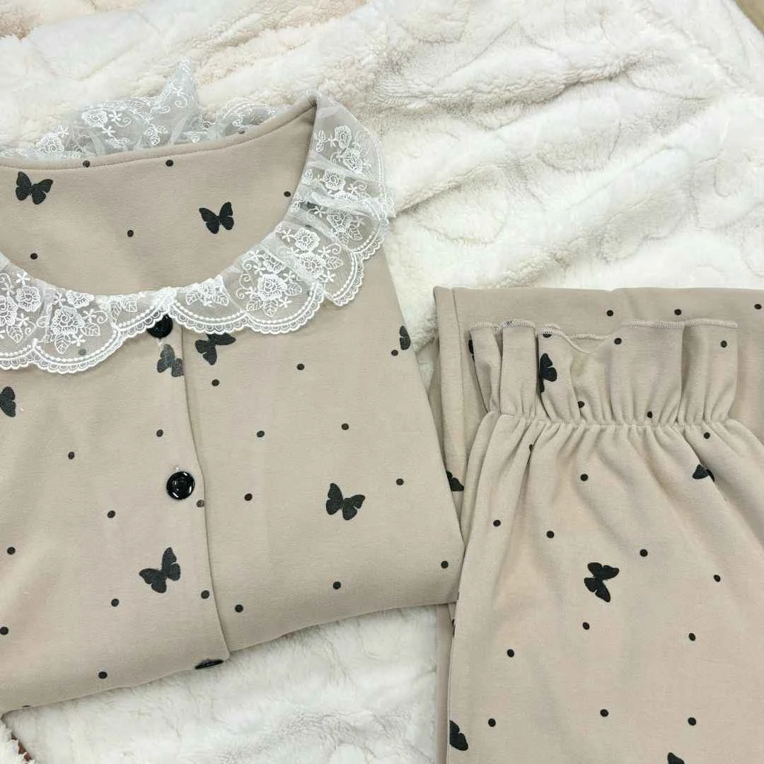 冬季新款睡衣德绒长袖开衫宽松舒适透气家居服蝴蝶时尚休闲可外穿