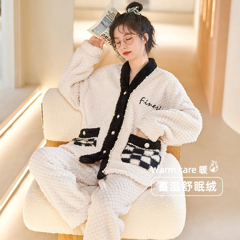 秋冬季新款睡衣女生加厚保暖韩版时尚大码可外穿宽松两件套家居服