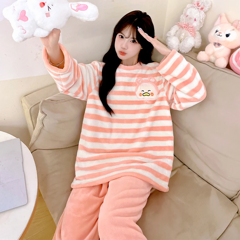 法兰绒新款冬天时尚睡衣女生保暖舒适长袖简约家居服可外穿套装厚