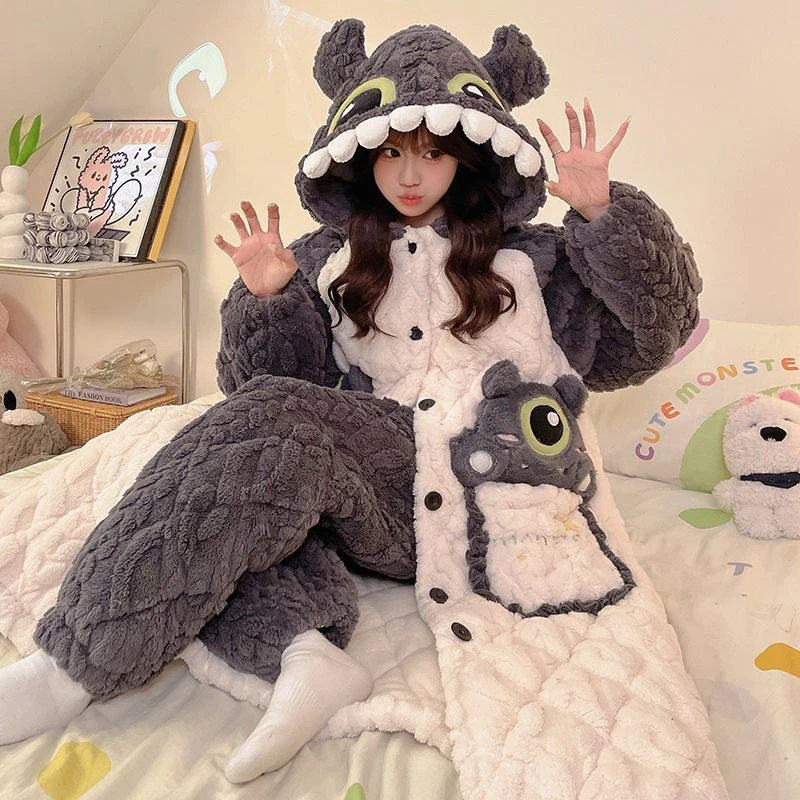 睡袍女生秋冬省服三层夹棉加厚加绒休闲大码睡衣睡袍女冬加厚加绒