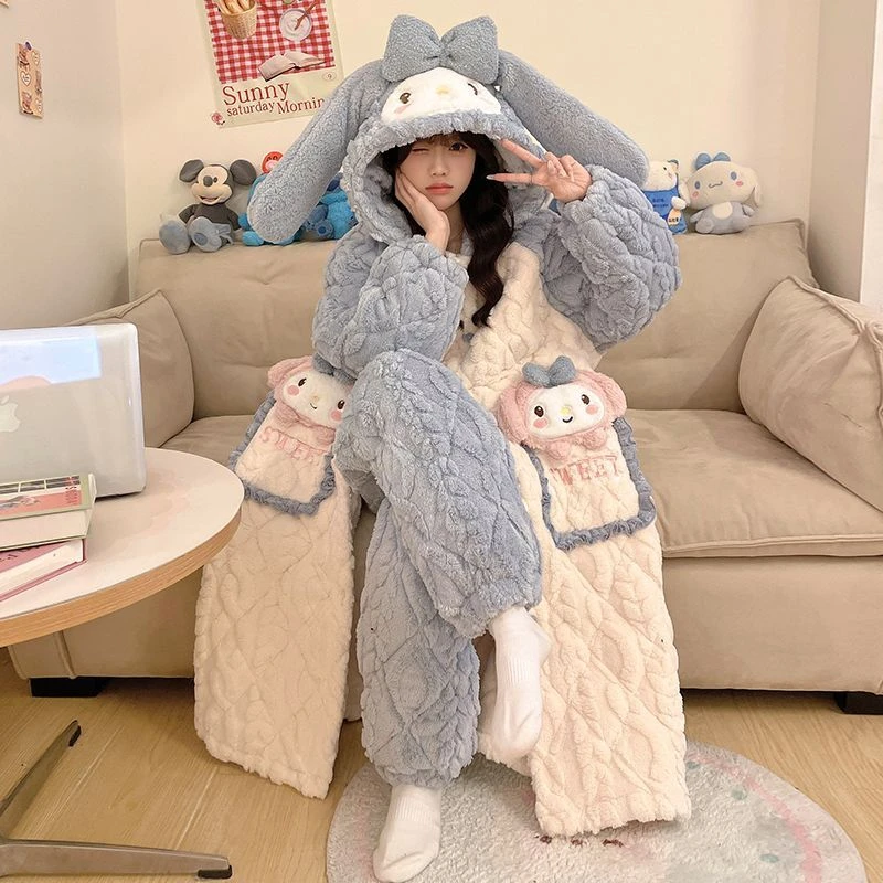 睡袍女秋冬季省服三层夹棉加厚省服休闲网红连帽睡衣家居服保暖