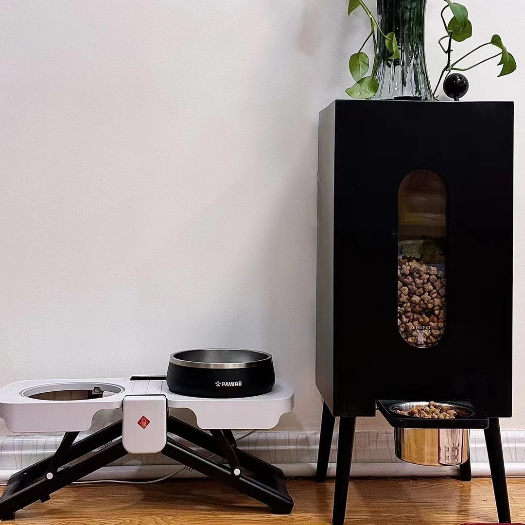 哑黑色宠物投食器储粮桶猫狗通用投喂木质储粮桶大容量宠物家具