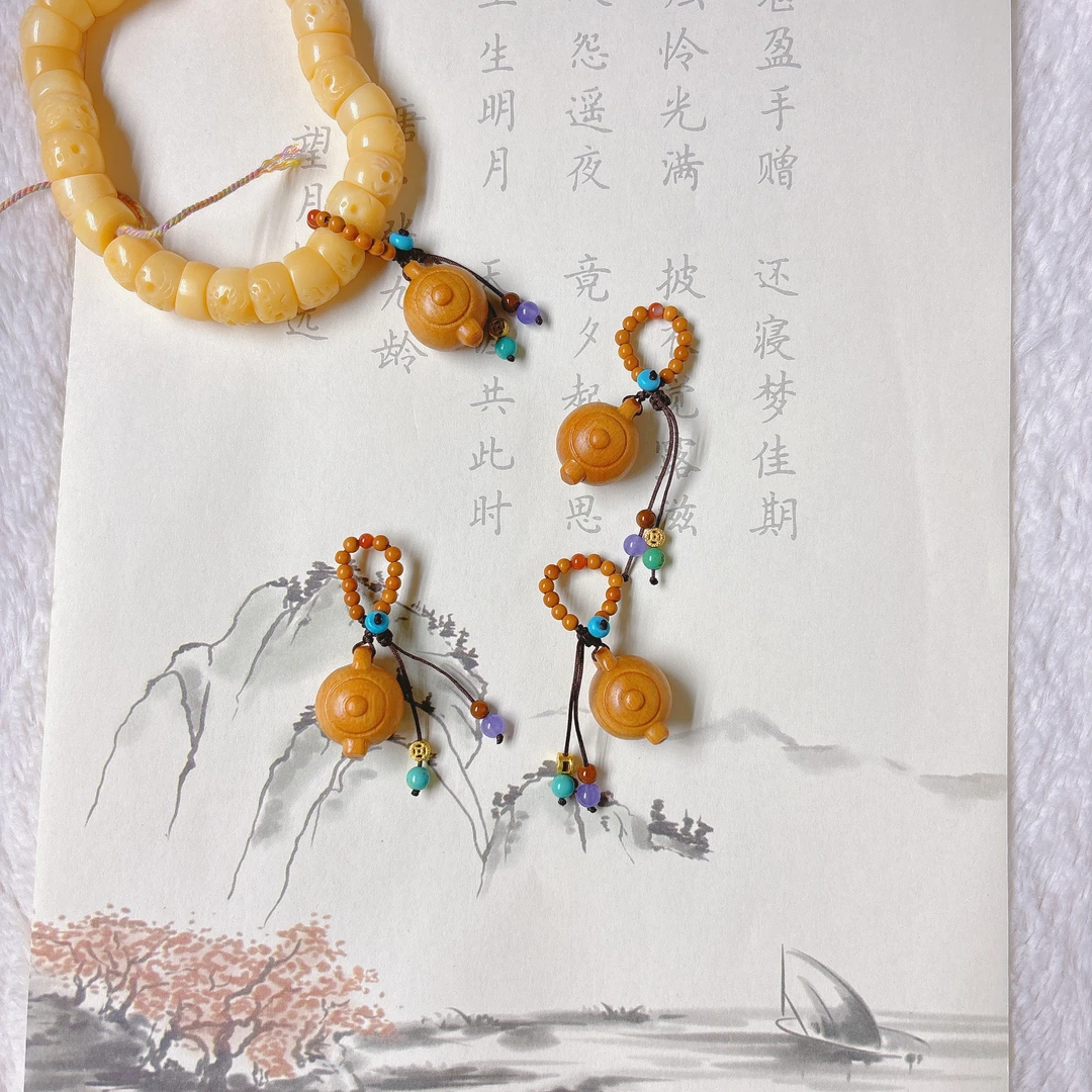 天然芭比檀把把壶小滴溜万能扣手工编绳檀木雕刻茶壶配饰配件