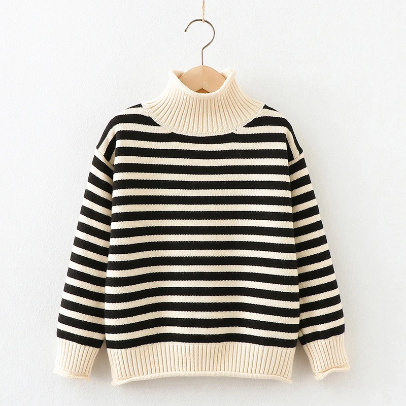 男女童半高领毛衣针织衫加绒加厚打底衫中大童条纹女童外穿针织衫