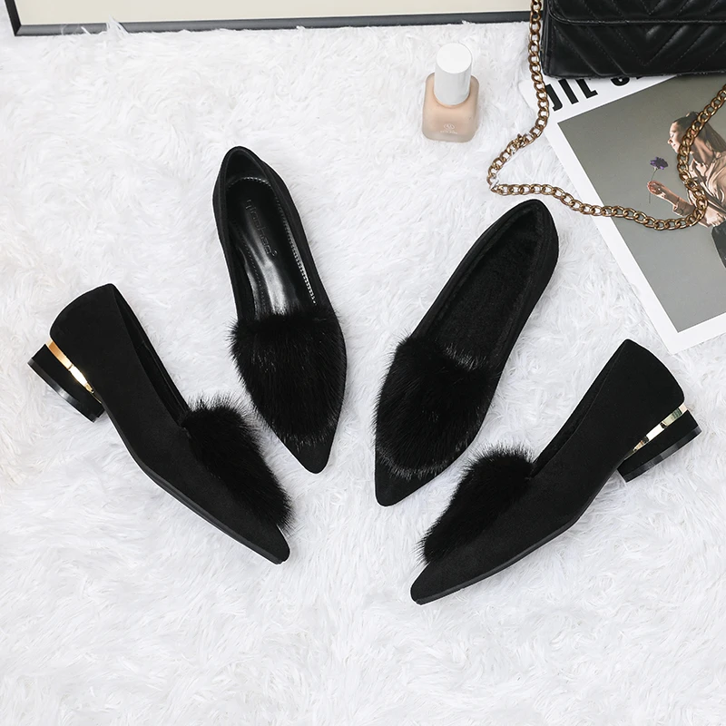 2025新款真皮水貂毛毛鞋低跟尖头单鞋女冬季加绒外穿软底棉瓢鞋子