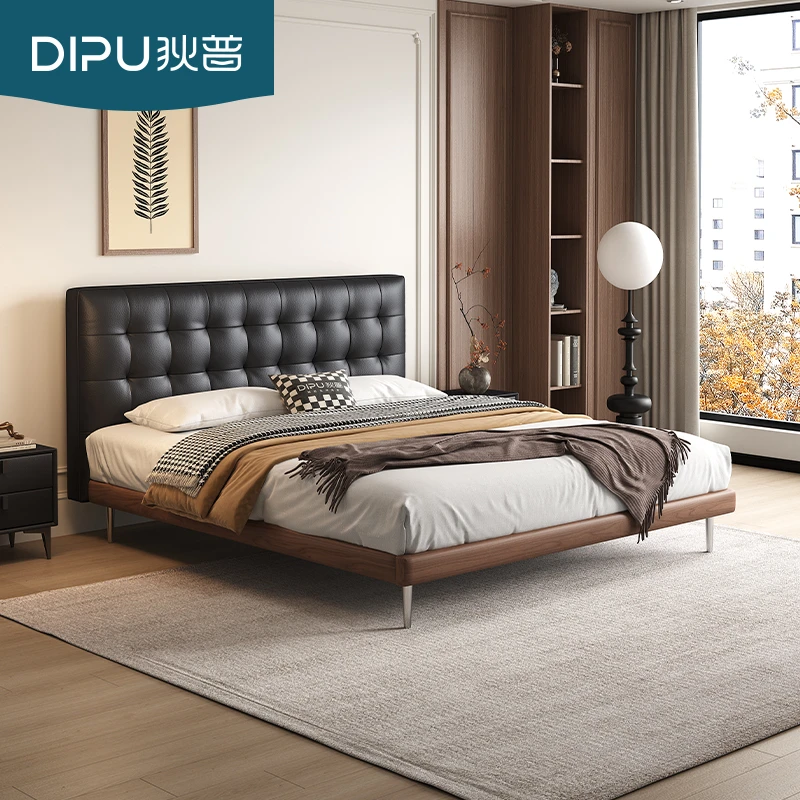 单床中古风华夫格床黑色床床意式主卧简约薄床头床8817型号