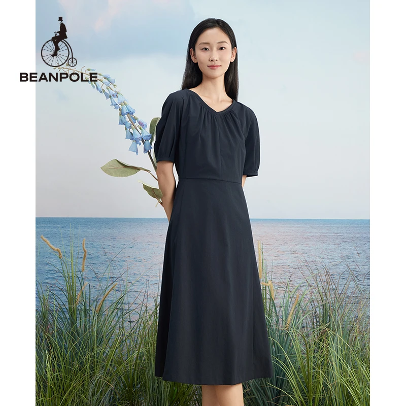 BEANPOLE滨波 24春夏新女士化纤优雅小V领短袖连衣裙BF4471C05