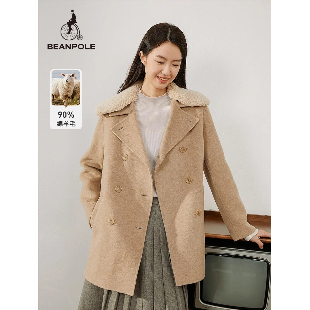 BEANPOLE【山羊绒混纺】秋冬女 可拆卸领时尚老钱毛呢大衣BF3930Z05
