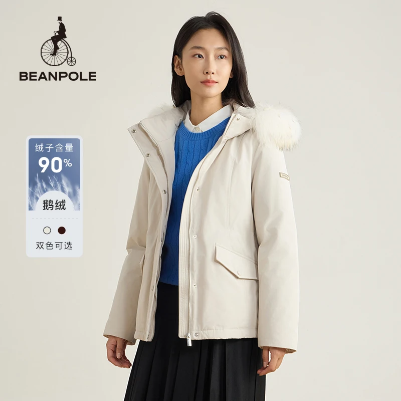 BEANPOLE【90%鹅绒绒子】24秋冬新款女貉子毛领中长羽绒服BF4938Z03