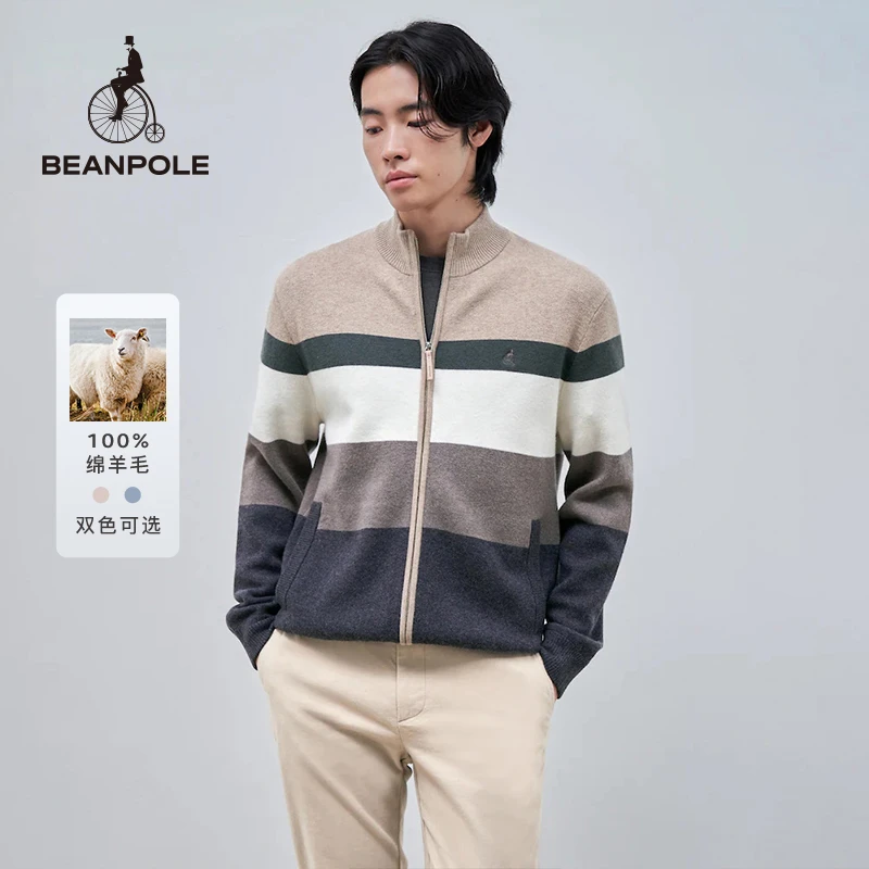 BEANPOLE【100%绵羊毛】24秋冬新款 男士拼接拉链针织开衫BC485AC32