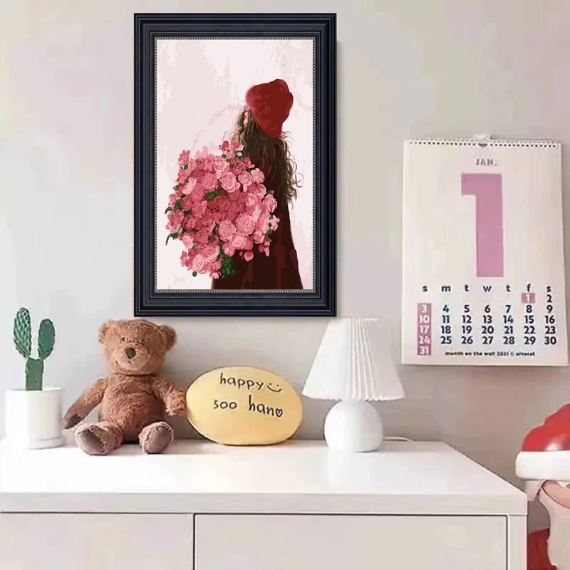 手工砂岩《花束女孩》现代风治愈系沙发背景墙客厅卧室装饰画4060