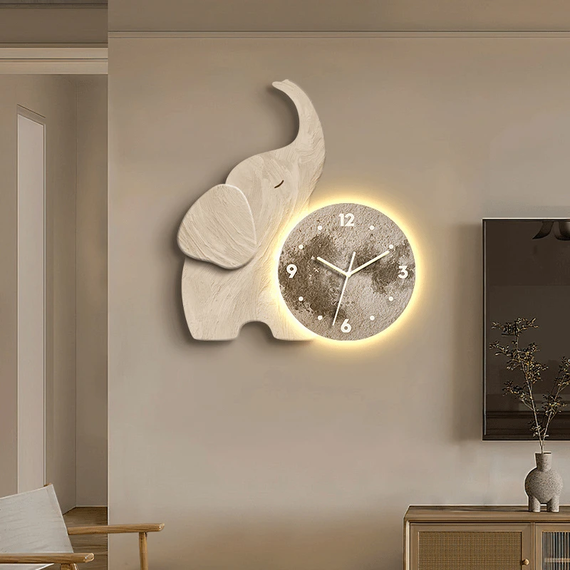 人工立体大象装饰画时钟表现代简约壁画挂钟客厅电视背景墙40*60