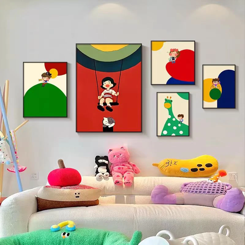 多巴胺客厅装饰画卡通趣味沙发背景墙挂画可爱卧室儿童房五联