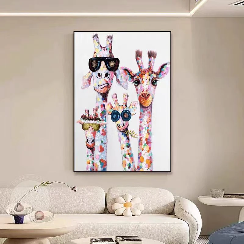 手工砂岩幸福一家奶油风客厅装饰画玄关餐厅卡通鹿肌理挂画80120