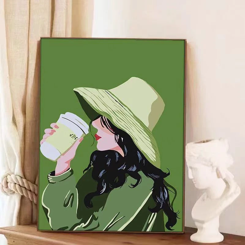 高货砂岩温馨喝咖啡女孩动漫客厅挂画创意客厅玄关走廊挂画4060