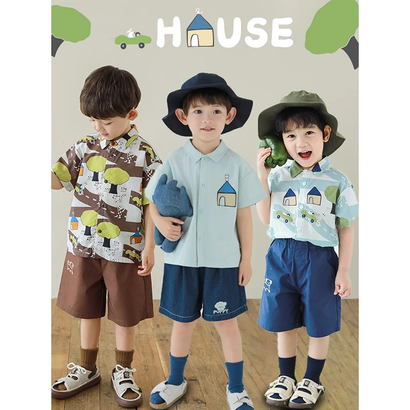 淸  幼悠【翻越热夏】夏三波儿童时尚男童洋气卡通印花衬衫 N4937