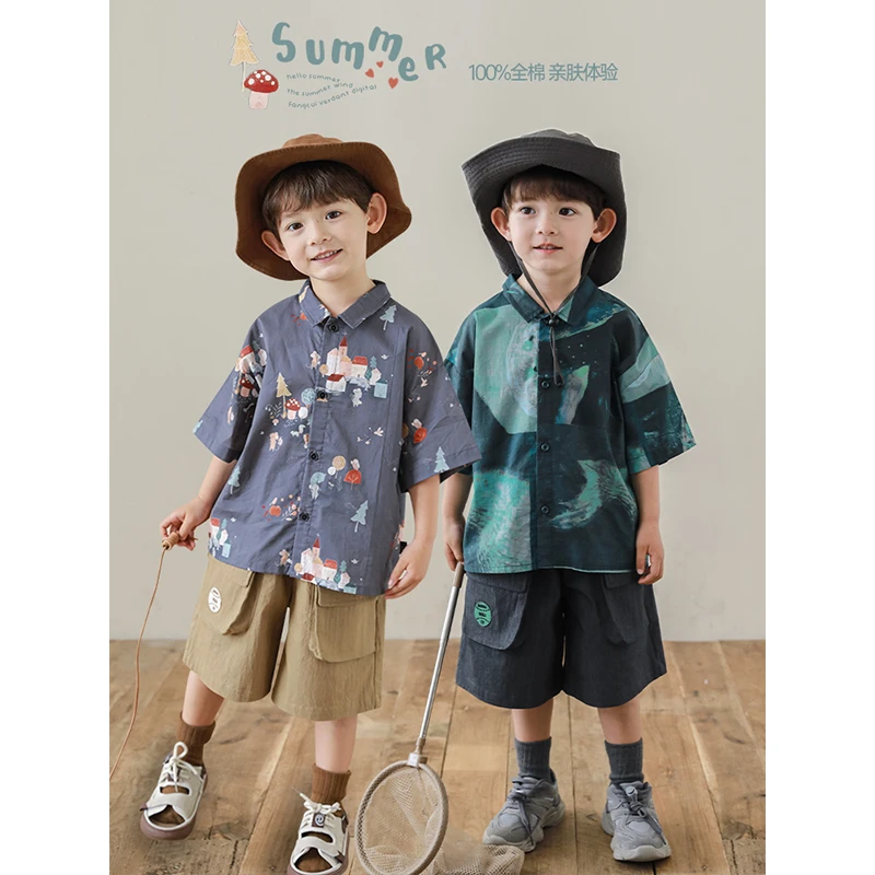 淸  幼悠男童日系复古纯棉短袖衬衫夏季时尚简约儿童宽松 LN0048